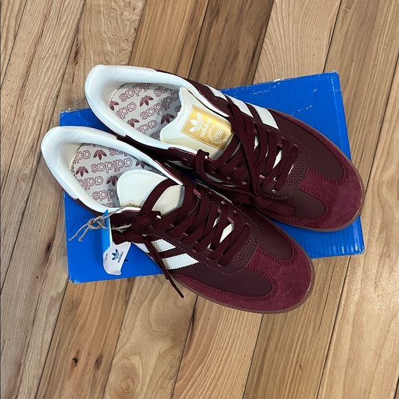 Adidas Women's Samba Maroon and White Sneakers with gold accents - Picture 2 of 4